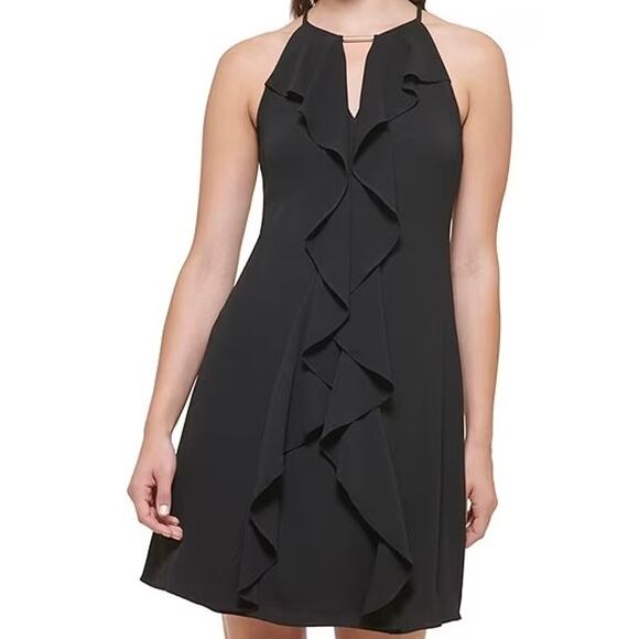 Kensie Dress Womens Size 8 Black Mini Ruffle Halter Keyhole Goth Party Cocktail - Picture 1 of 12